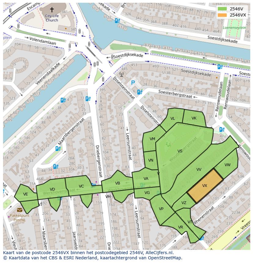 Afbeelding van het postcodegebied 2546 VX op de kaart.
