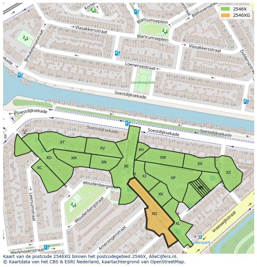 Afbeelding van het postcodegebied 2546 XG op de kaart.