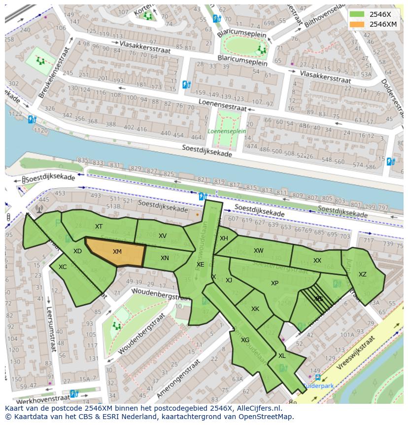 Afbeelding van het postcodegebied 2546 XM op de kaart.