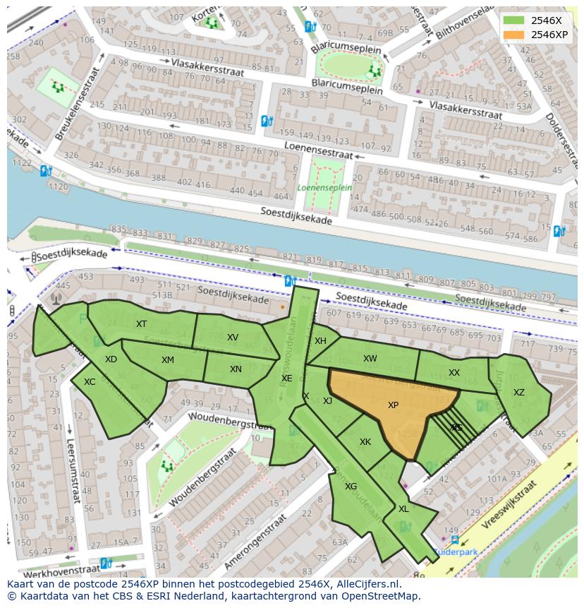 Afbeelding van het postcodegebied 2546 XP op de kaart.