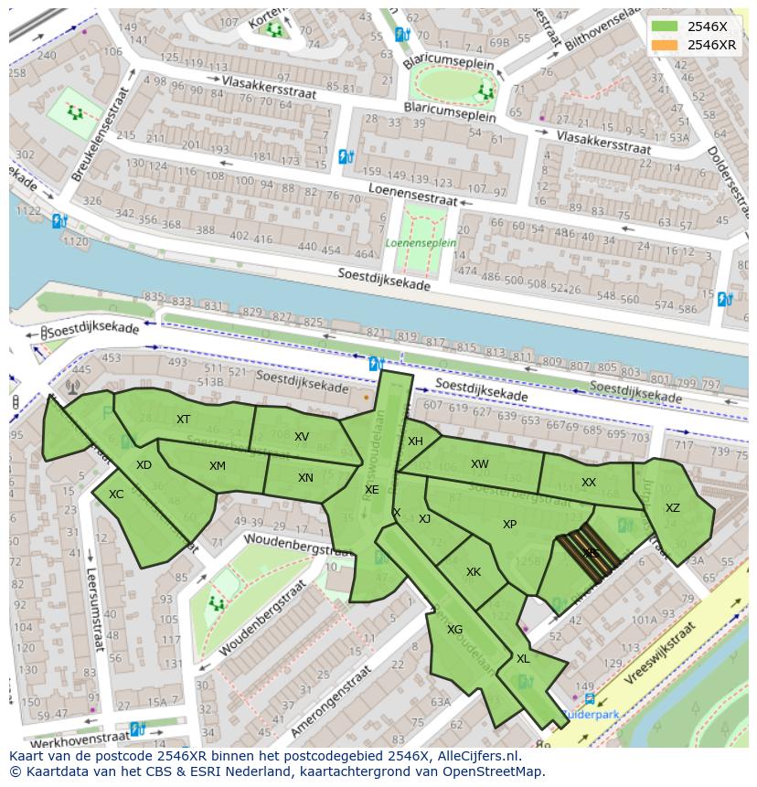 Afbeelding van het postcodegebied 2546 XR op de kaart.