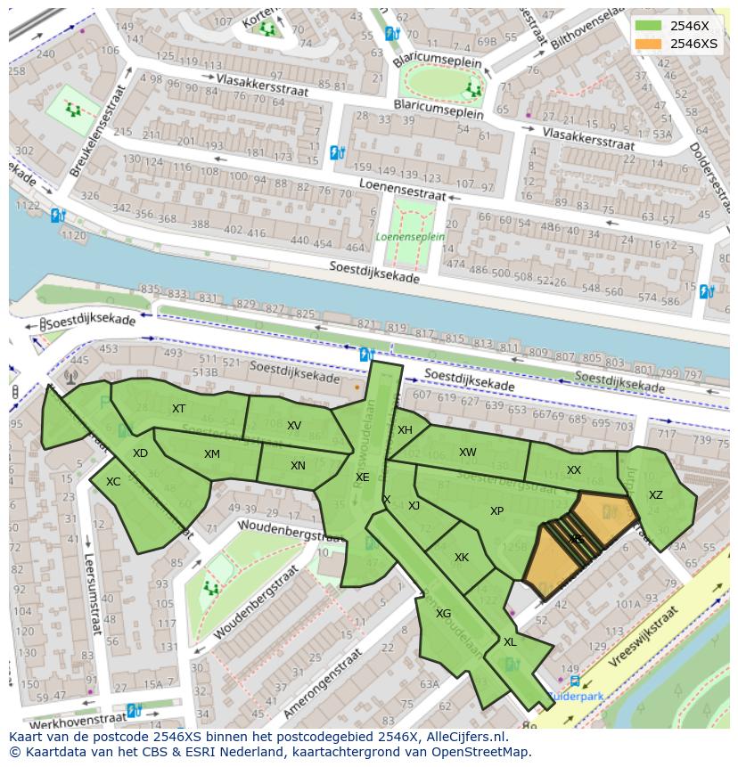 Afbeelding van het postcodegebied 2546 XS op de kaart.