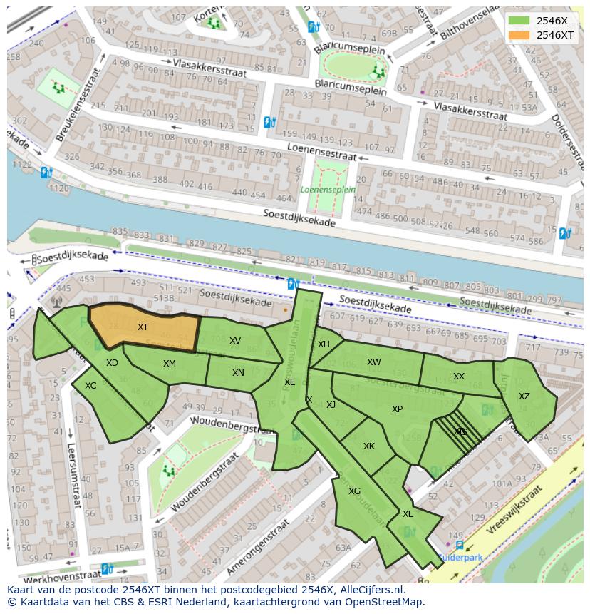 Afbeelding van het postcodegebied 2546 XT op de kaart.