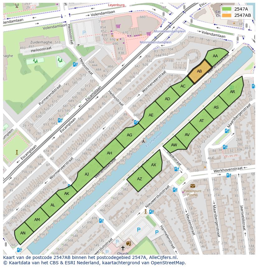 Afbeelding van het postcodegebied 2547 AB op de kaart.