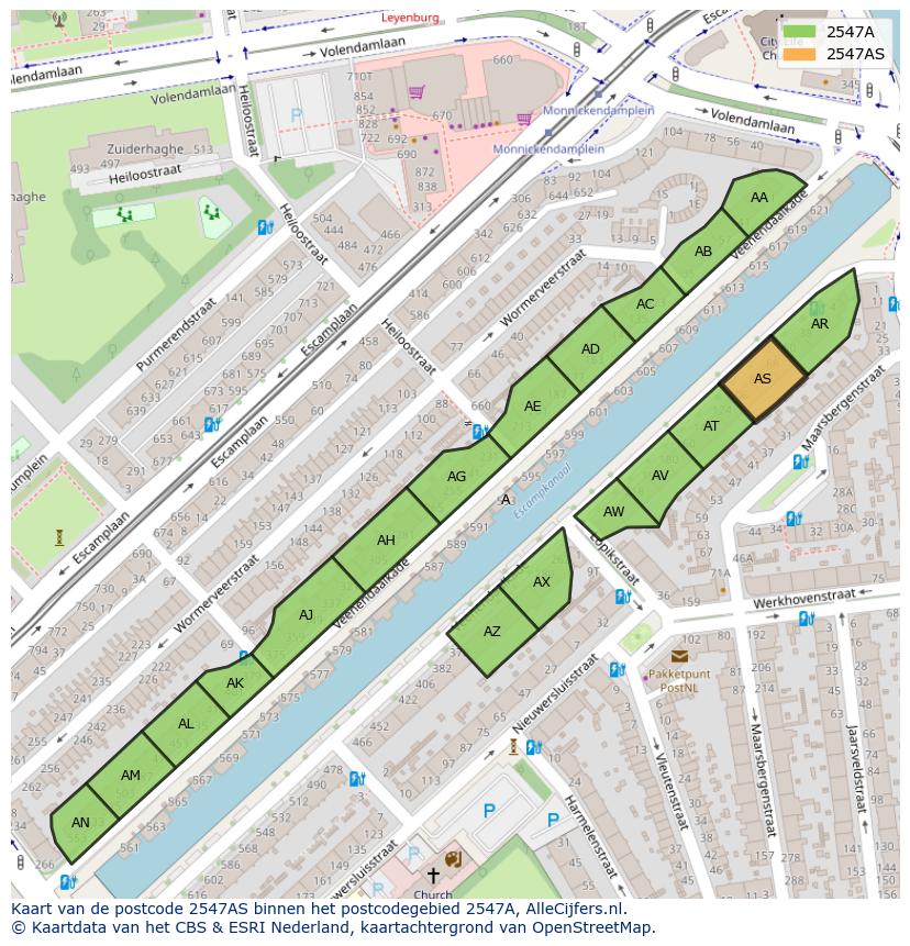 Afbeelding van het postcodegebied 2547 AS op de kaart.