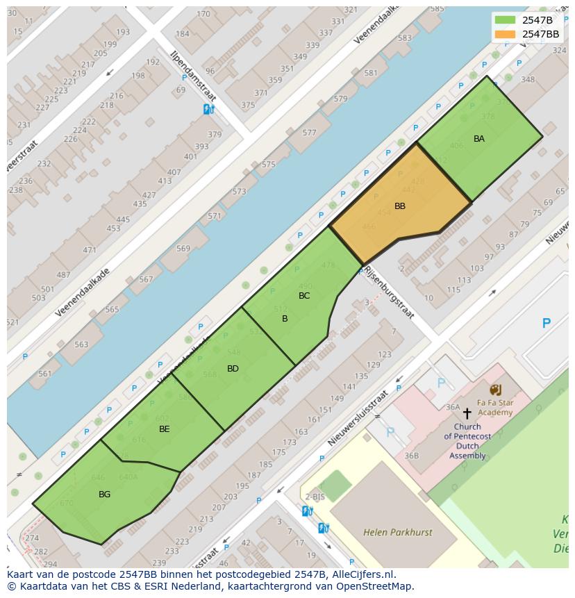 Afbeelding van het postcodegebied 2547 BB op de kaart.