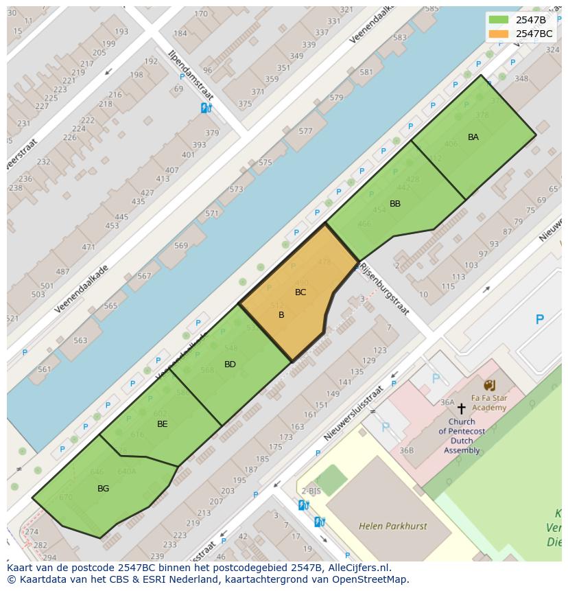 Afbeelding van het postcodegebied 2547 BC op de kaart.