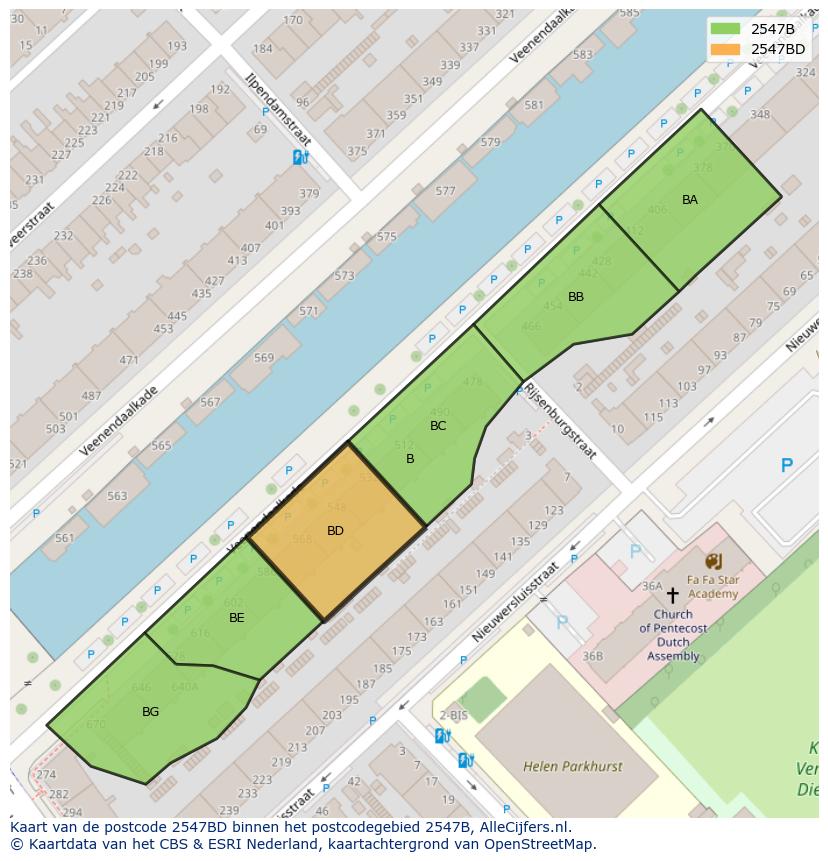 Afbeelding van het postcodegebied 2547 BD op de kaart.