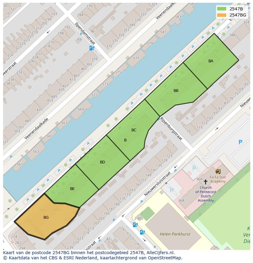 Afbeelding van het postcodegebied 2547 BG op de kaart.