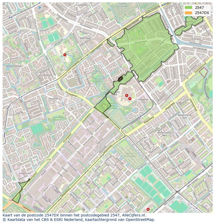 Afbeelding van het postcodegebied 2547 DX op de kaart.