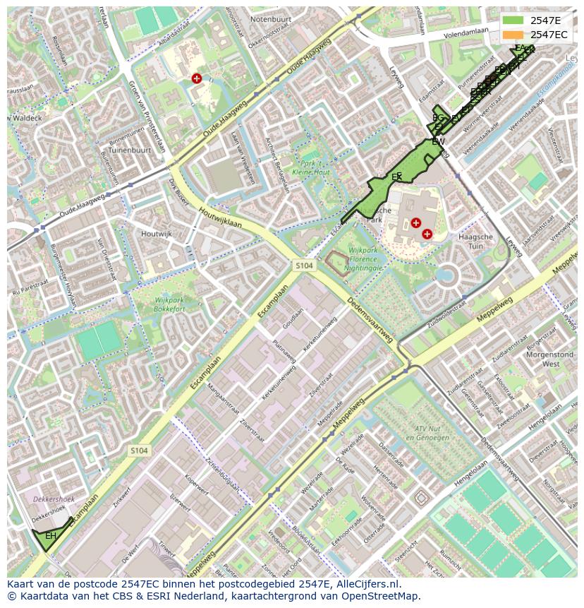 Afbeelding van het postcodegebied 2547 EC op de kaart.