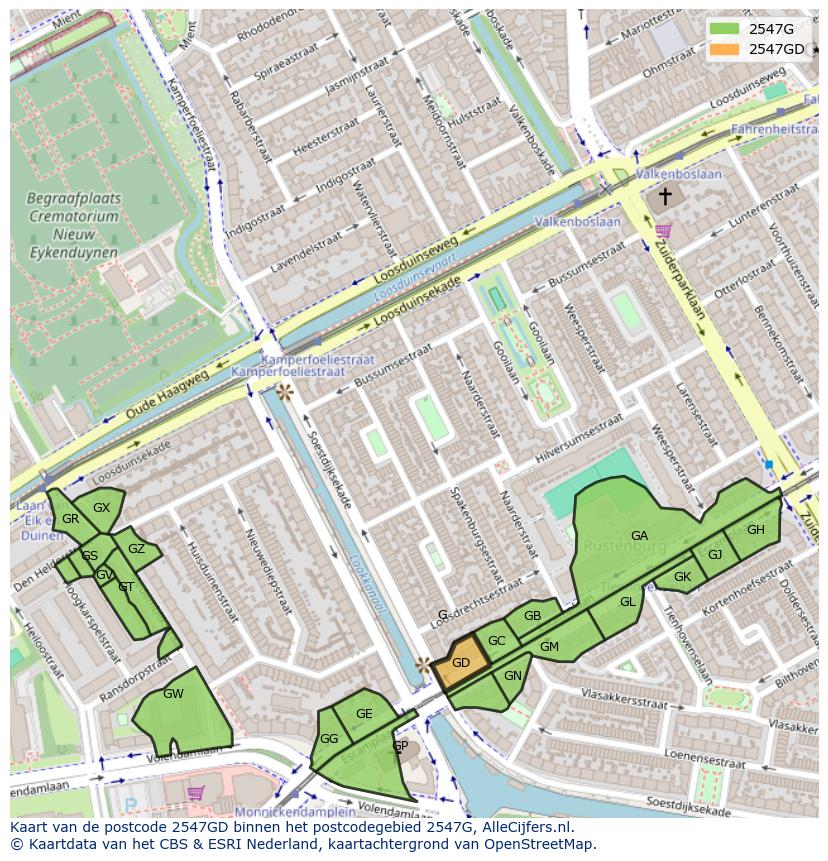 Afbeelding van het postcodegebied 2547 GD op de kaart.