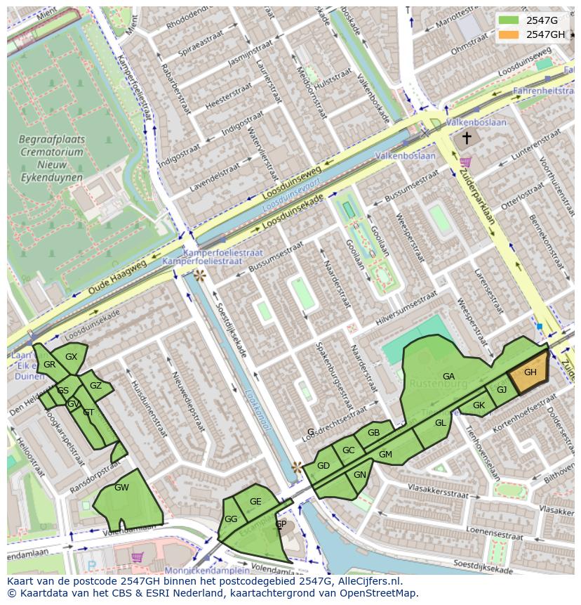 Afbeelding van het postcodegebied 2547 GH op de kaart.