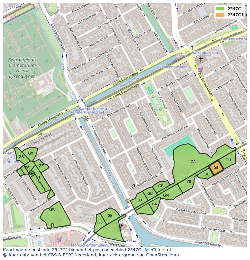 Afbeelding van het postcodegebied 2547 GJ op de kaart.