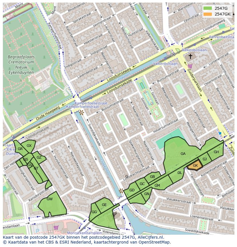 Afbeelding van het postcodegebied 2547 GK op de kaart.
