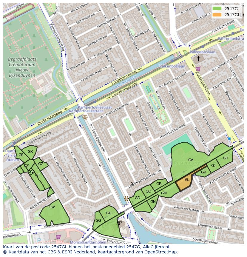 Afbeelding van het postcodegebied 2547 GL op de kaart.