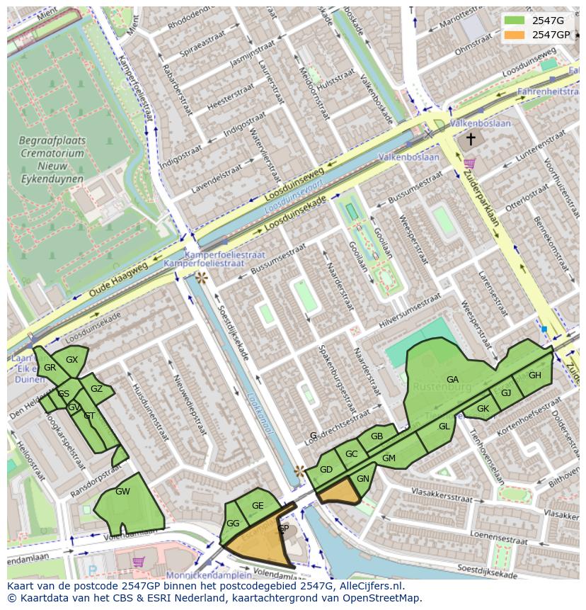 Afbeelding van het postcodegebied 2547 GP op de kaart.