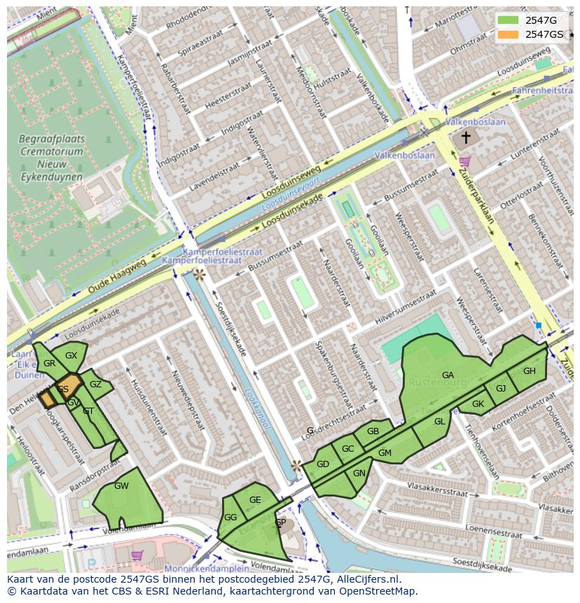 Afbeelding van het postcodegebied 2547 GS op de kaart.