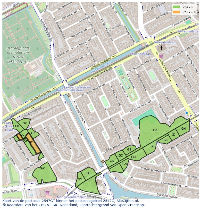 Afbeelding van het postcodegebied 2547 GT op de kaart.