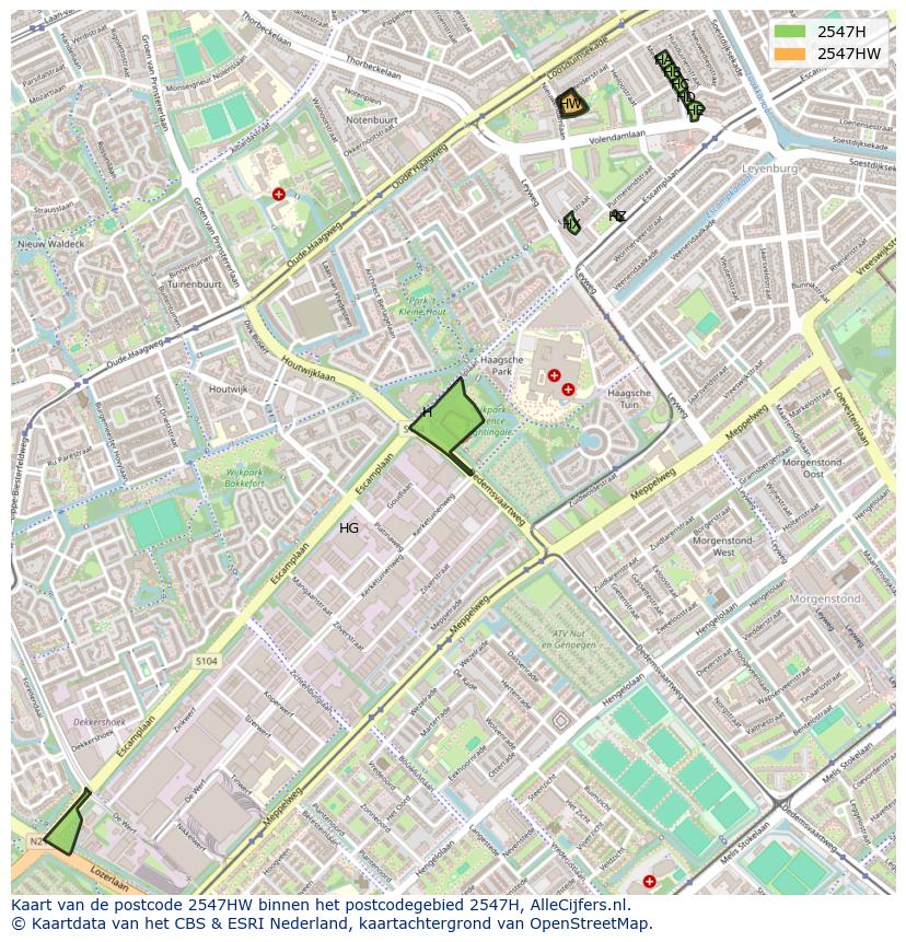 Afbeelding van het postcodegebied 2547 HW op de kaart.
