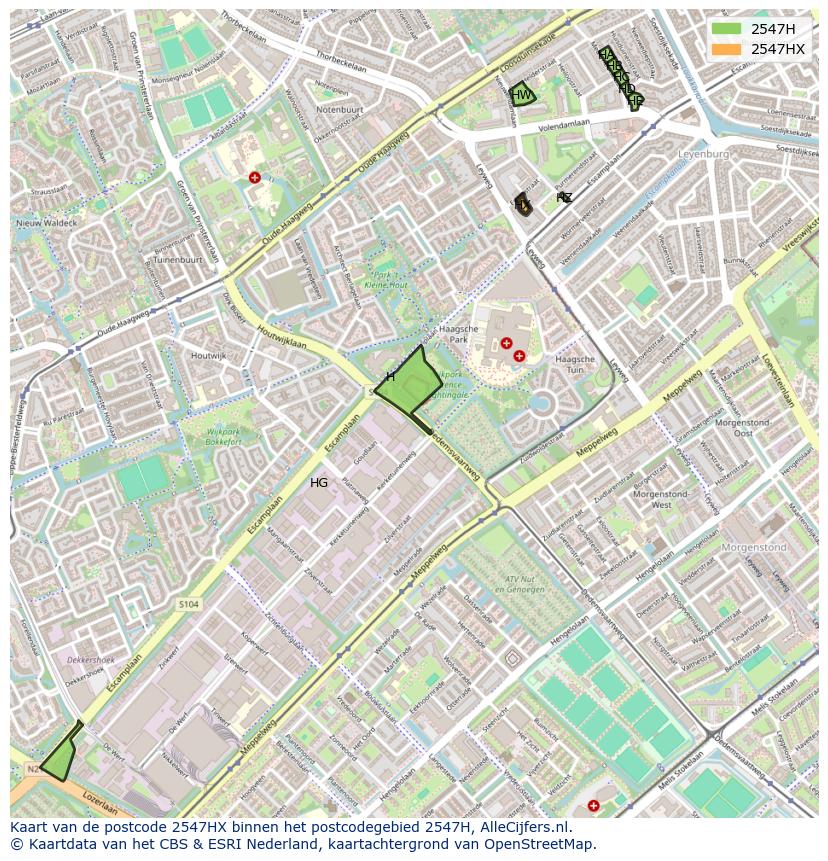 Afbeelding van het postcodegebied 2547 HX op de kaart.