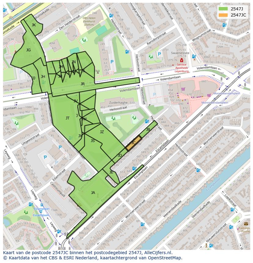 Afbeelding van het postcodegebied 2547 JC op de kaart.