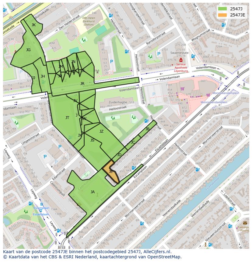 Afbeelding van het postcodegebied 2547 JE op de kaart.