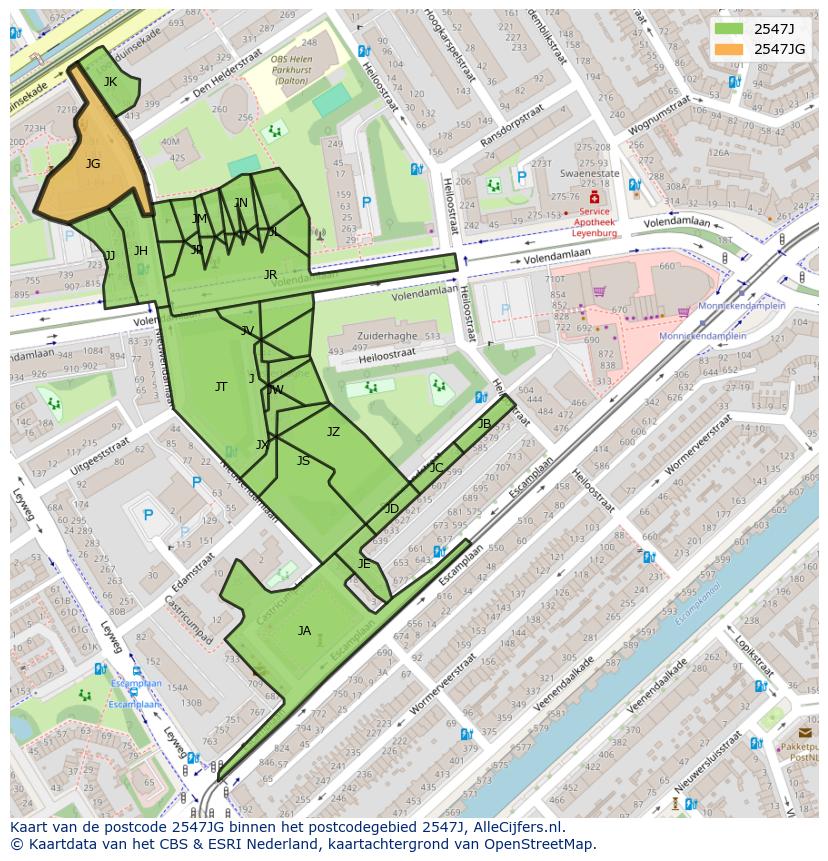Afbeelding van het postcodegebied 2547 JG op de kaart.