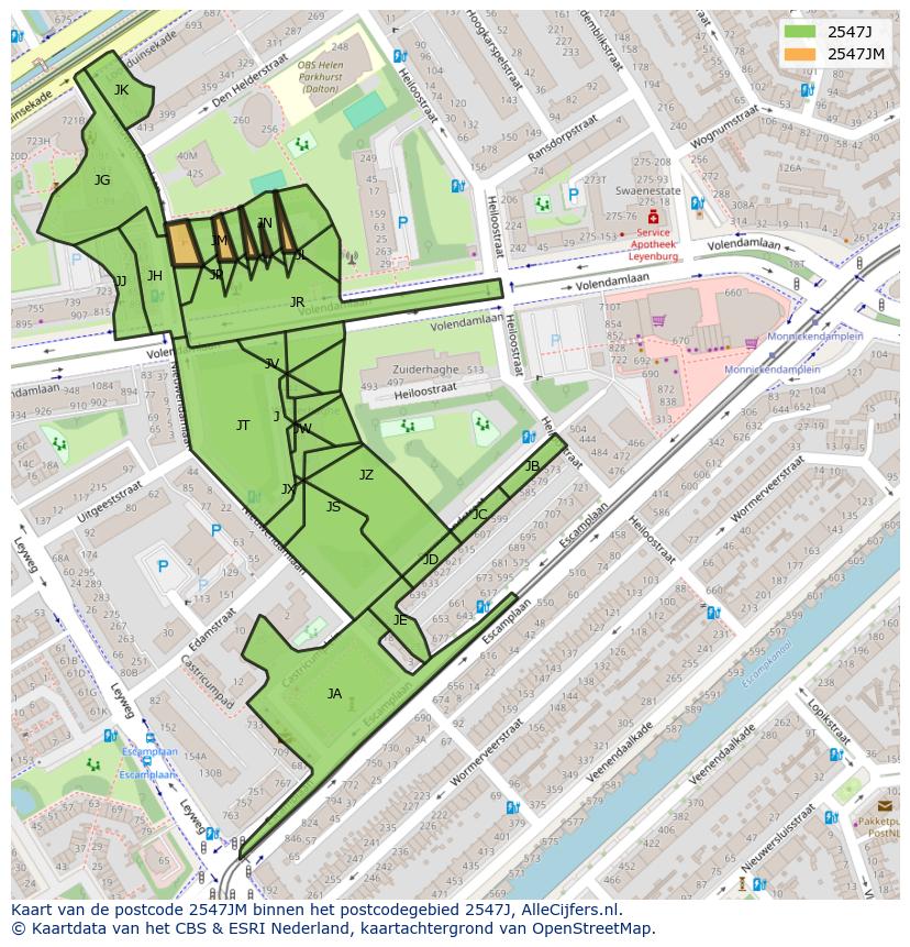 Afbeelding van het postcodegebied 2547 JM op de kaart.