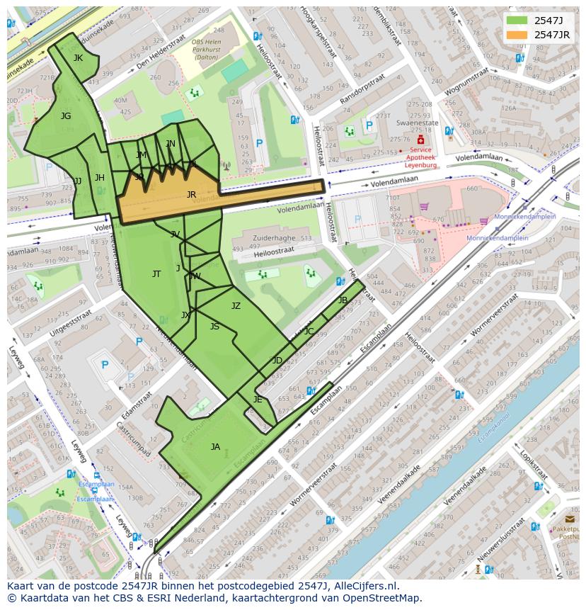 Afbeelding van het postcodegebied 2547 JR op de kaart.