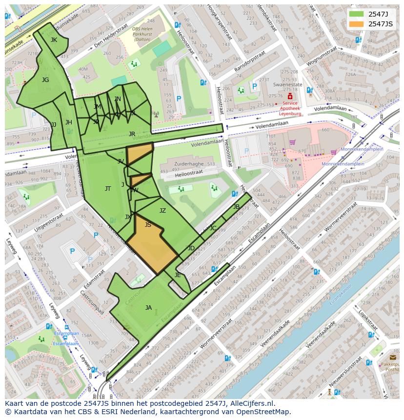 Afbeelding van het postcodegebied 2547 JS op de kaart.