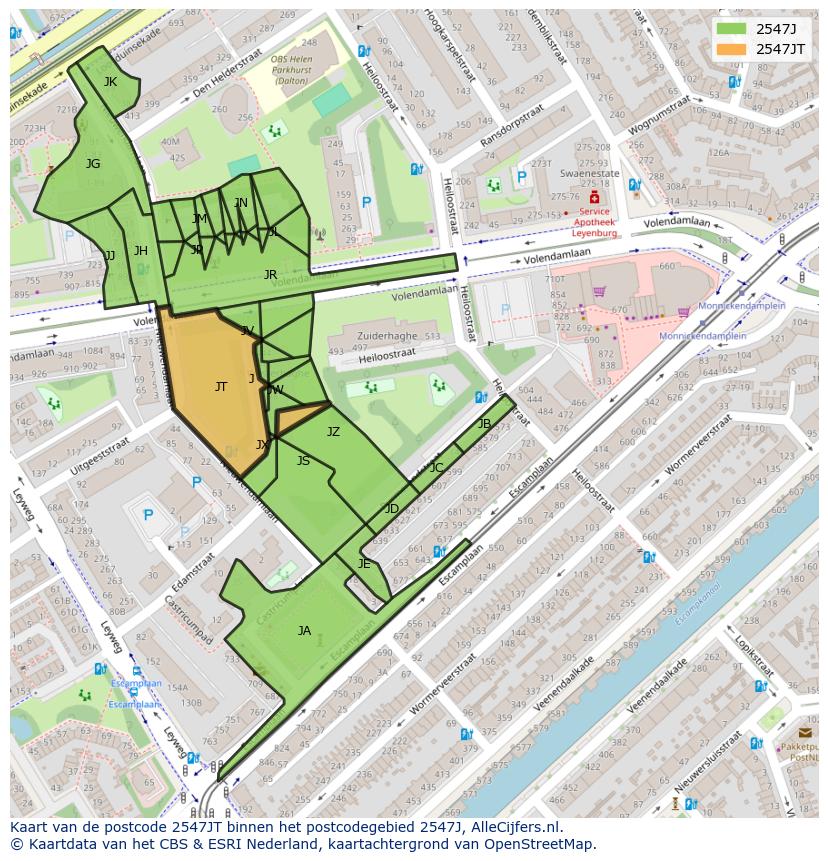 Afbeelding van het postcodegebied 2547 JT op de kaart.
