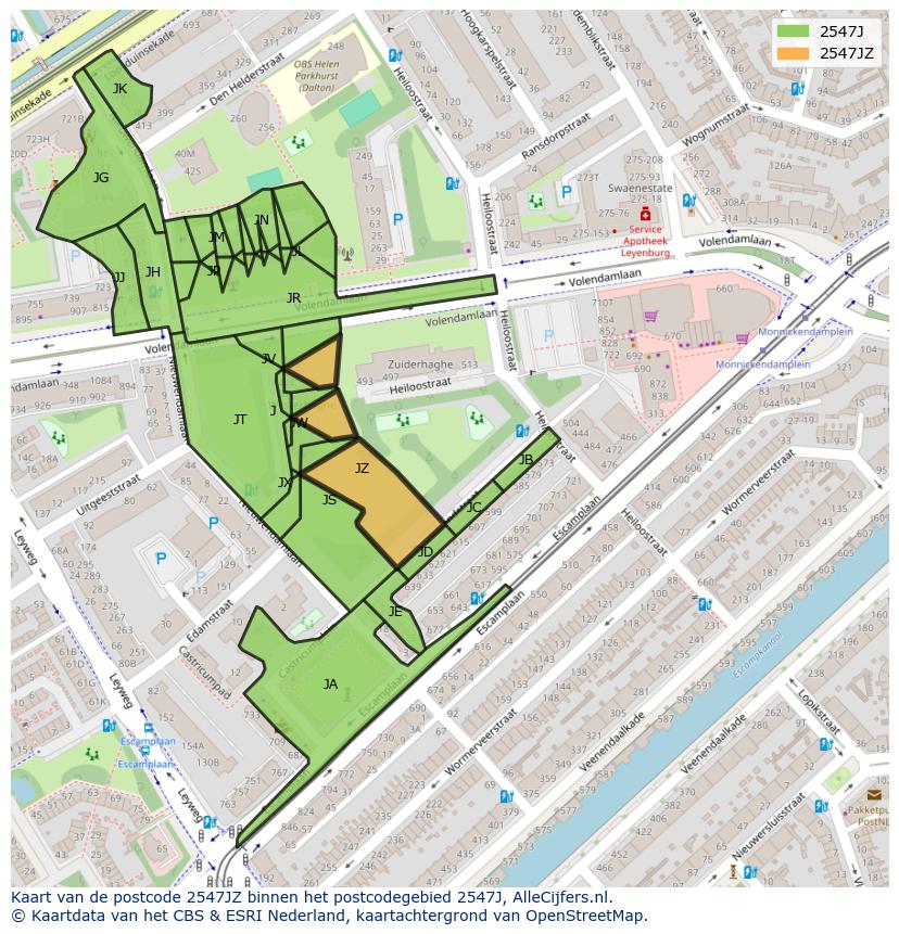 Afbeelding van het postcodegebied 2547 JZ op de kaart.