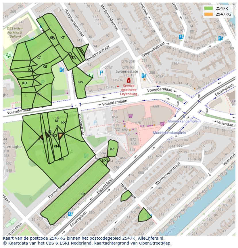 Afbeelding van het postcodegebied 2547 KG op de kaart.