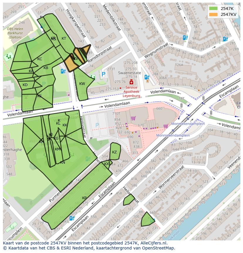 Afbeelding van het postcodegebied 2547 KV op de kaart.