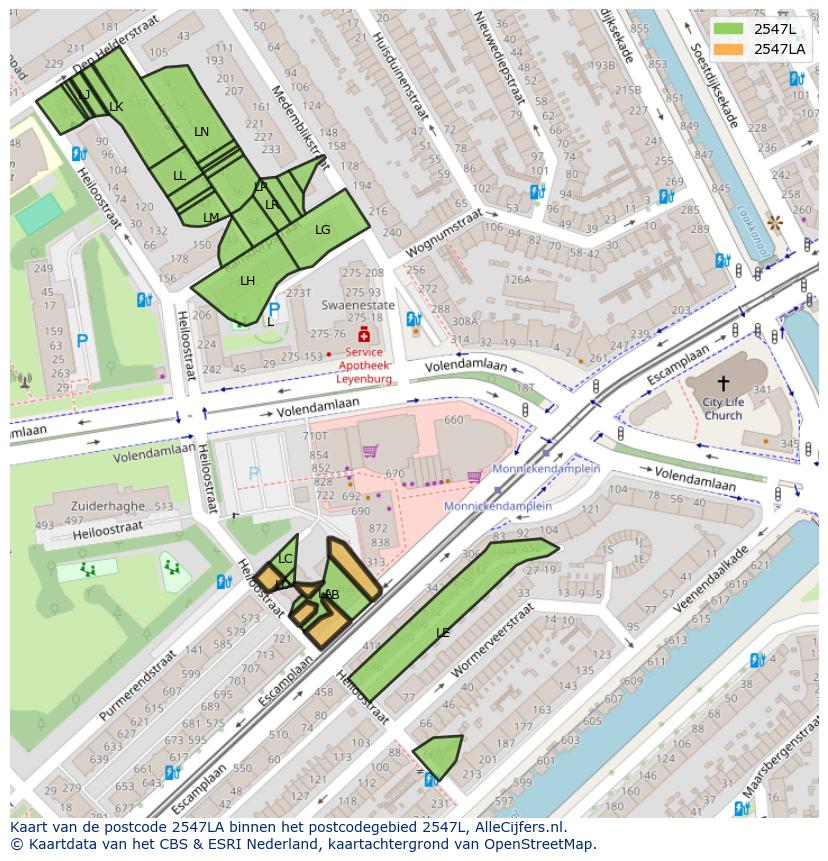 Afbeelding van het postcodegebied 2547 LA op de kaart.