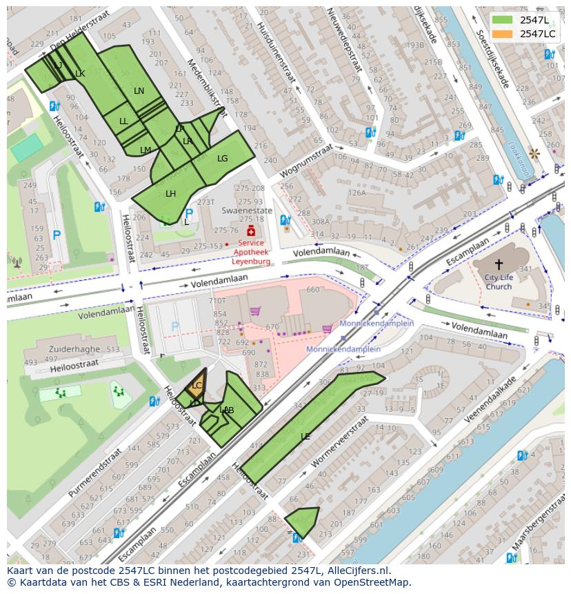 Afbeelding van het postcodegebied 2547 LC op de kaart.