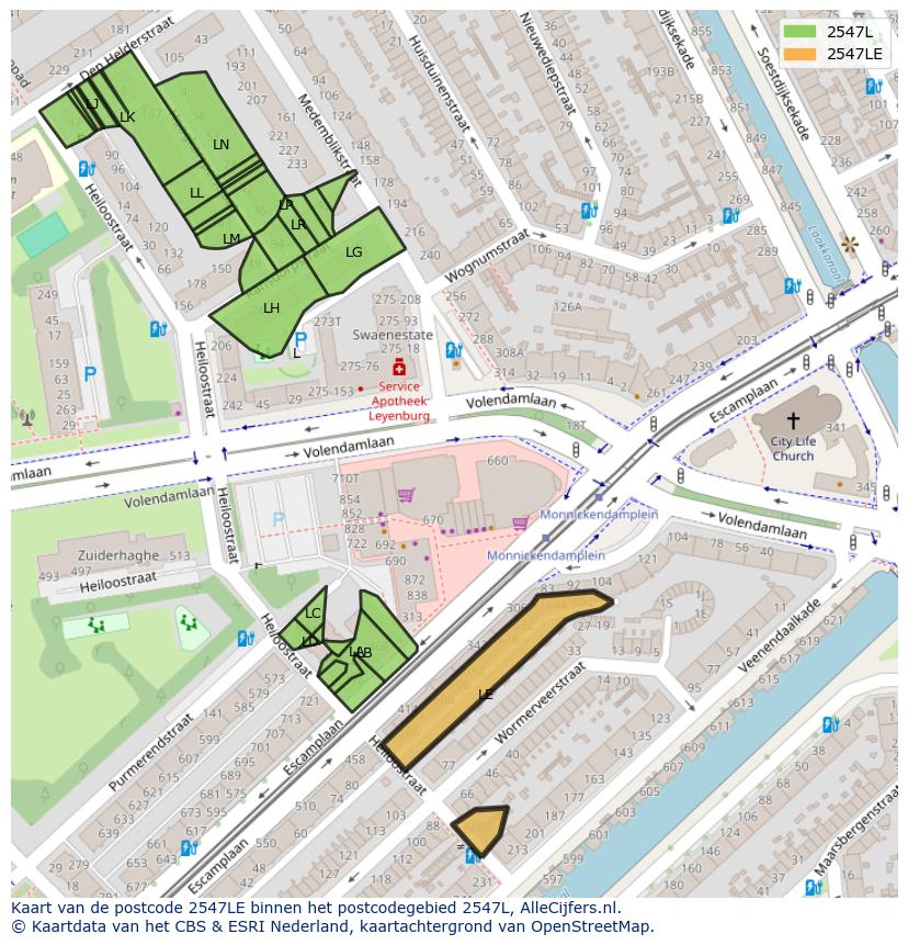 Afbeelding van het postcodegebied 2547 LE op de kaart.
