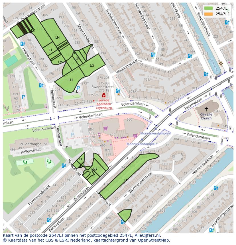 Afbeelding van het postcodegebied 2547 LJ op de kaart.