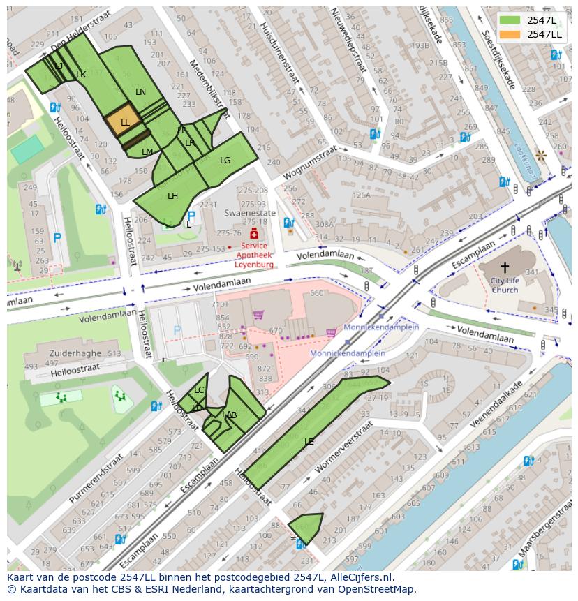 Afbeelding van het postcodegebied 2547 LL op de kaart.