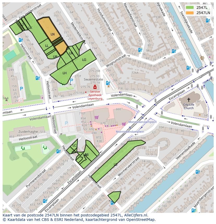 Afbeelding van het postcodegebied 2547 LN op de kaart.