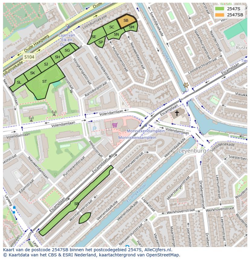 Afbeelding van het postcodegebied 2547 SB op de kaart.