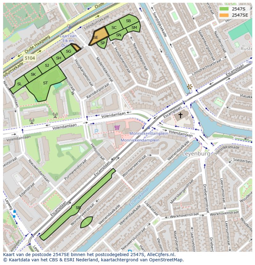 Afbeelding van het postcodegebied 2547 SE op de kaart.