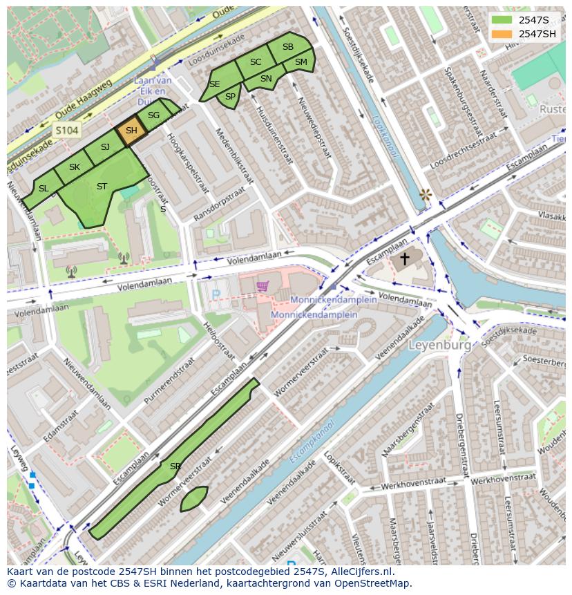 Afbeelding van het postcodegebied 2547 SH op de kaart.