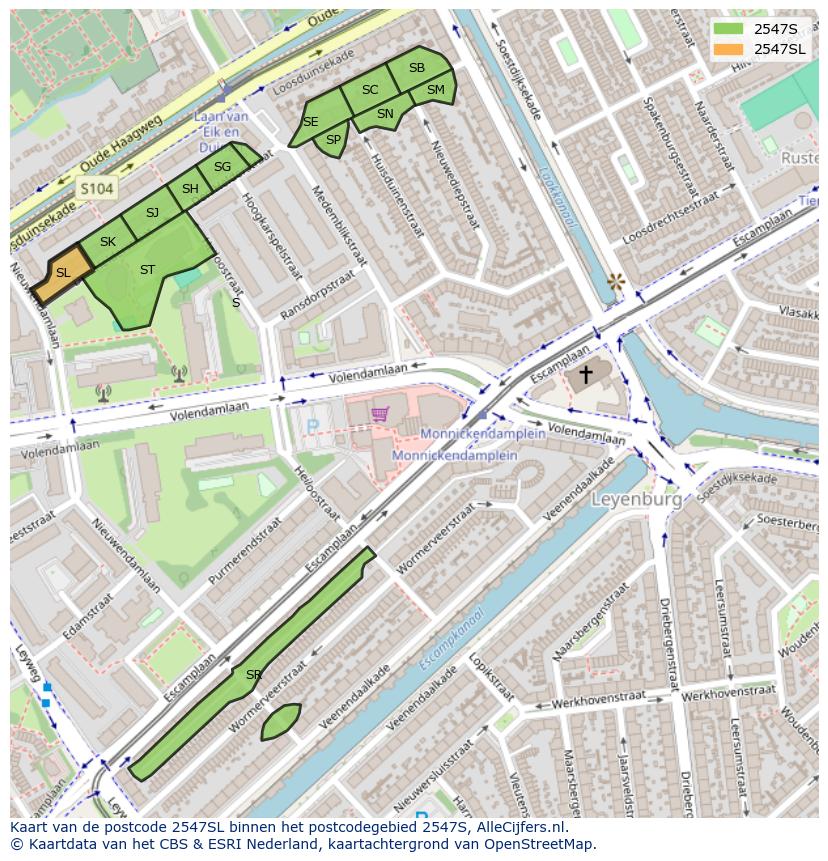Afbeelding van het postcodegebied 2547 SL op de kaart.