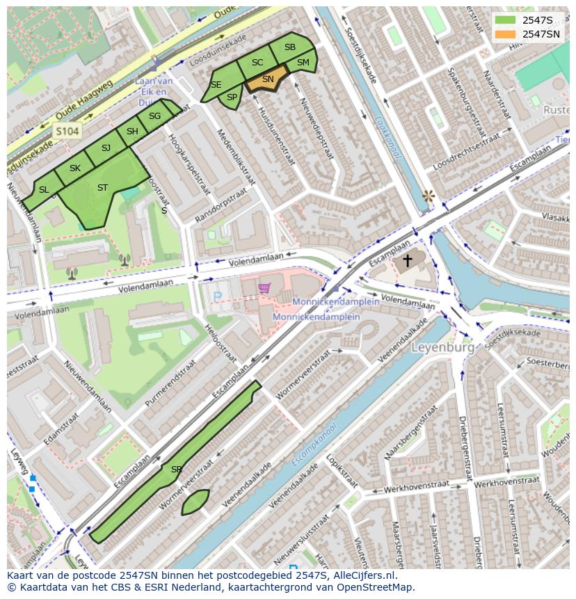 Afbeelding van het postcodegebied 2547 SN op de kaart.