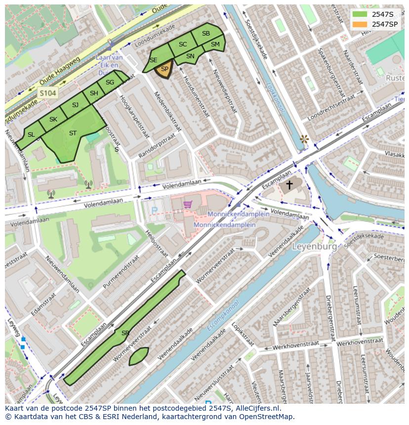 Afbeelding van het postcodegebied 2547 SP op de kaart.