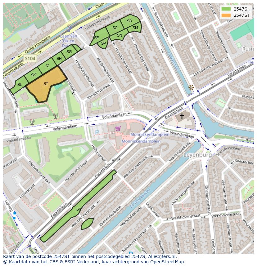 Afbeelding van het postcodegebied 2547 ST op de kaart.