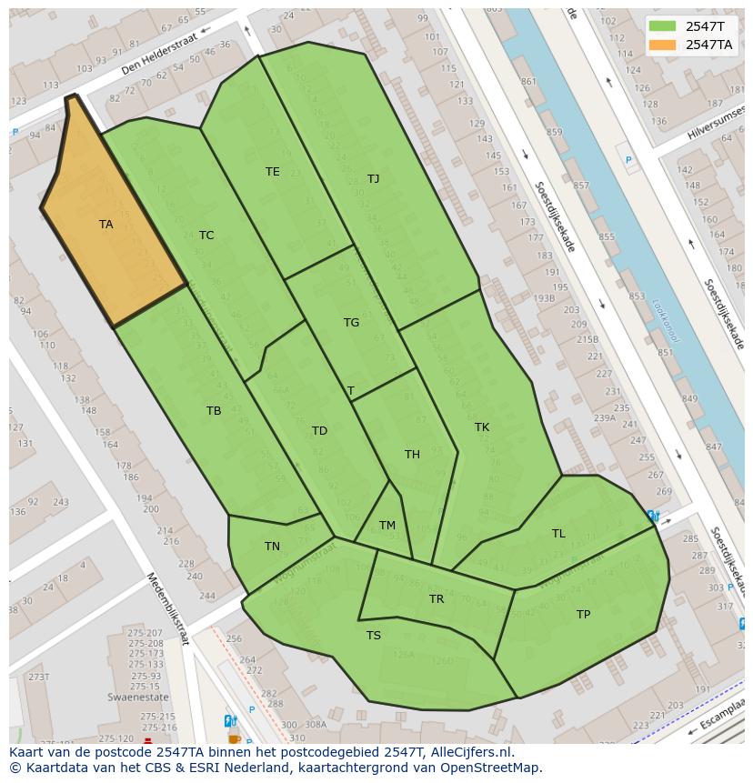 Afbeelding van het postcodegebied 2547 TA op de kaart.