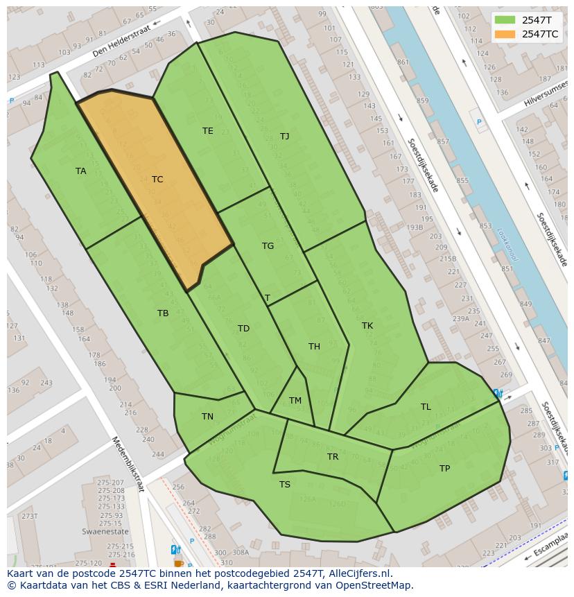 Afbeelding van het postcodegebied 2547 TC op de kaart.